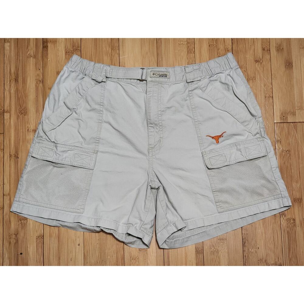 Columbia PFG Half Moon Shorts Mens L Beige 6" Fishing Cargo Mesh Texas Longhorns